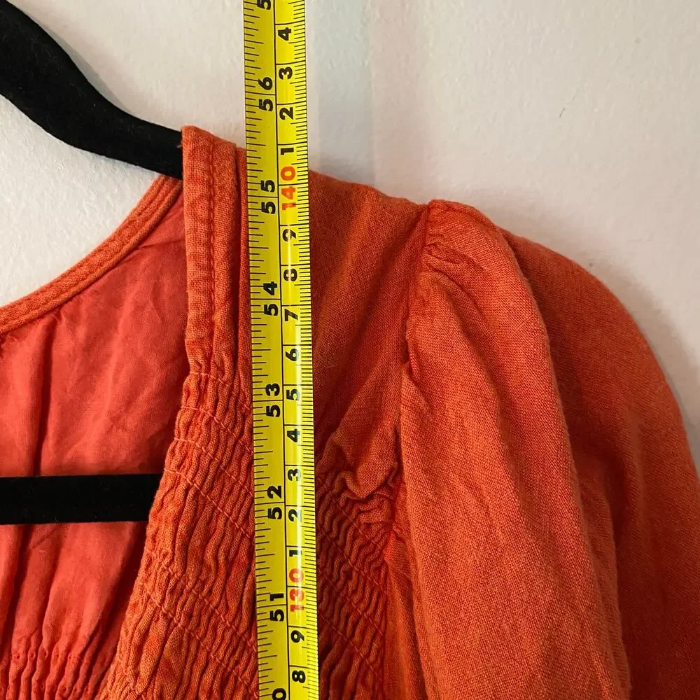 Free People Red Orange String of Hearts Button Down Puff Sleeve Maxi Dress Small